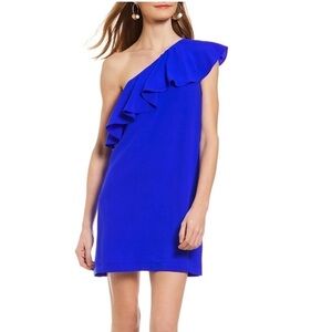 SUGARLIPS cobalt, one shoulder dress with ruffled neckline
